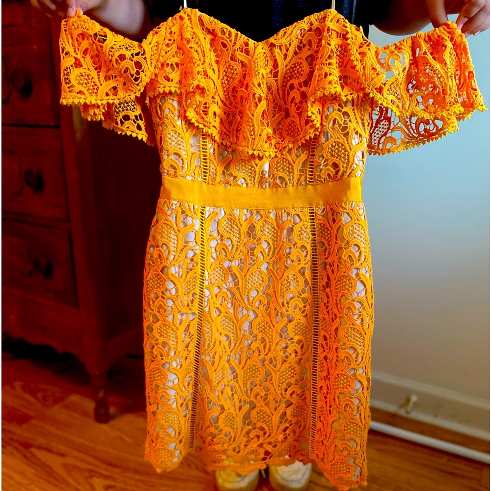 Golden yellow off the shoulder lace dress